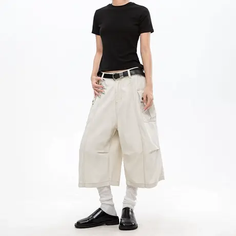 美式复古潮牌水洗工装七分阔腿裤女夏多口袋纯棉宽松休闲直筒短裤商品大图