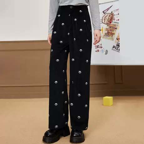 a02可爱撞色猫爪定制刺绣灯芯绒直筒长裤2025春季百搭女式休闲裤商品大图