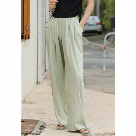 弥古绿色直筒阔腿裤女夏季薄款裤子冰丝凉感山本裤高腰休闲裤长裤商品大图