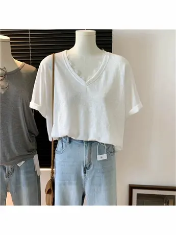 蕾丝V领雪花棉麻宽松薄款短袖上衣时尚青春性感夏季纯色T恤衫商品大图