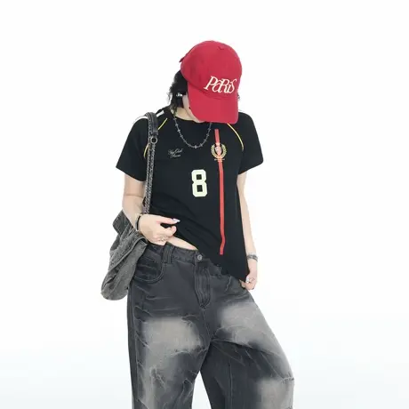 2025夏季新款美式复古泽西风印花短袖T恤女球衣修身显瘦运动上衣图片