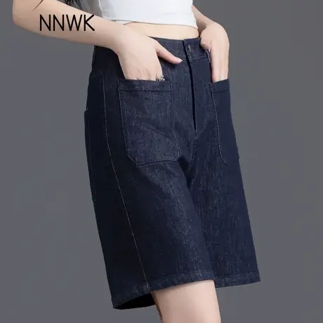 丹宁蓝牛仔短裤女夏薄款2025新款高腰直筒中裤a字阔腿四分五分裤商品大图