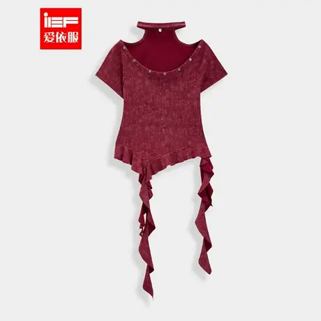 IEF/爱依服2025夏季新品辣妹风短袖T恤女时尚设计感高街红色上衣图片
