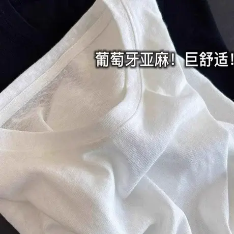 白色亚麻短袖t恤女夏季薄款微透正肩圆领宽松纯色内搭打底衫上衣商品大图