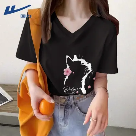回力v领t恤女短袖夏季2025新款大码女士黑色体恤衫正肩冰丝上衣L商品大图