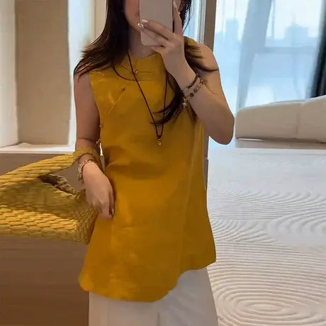 新中式国风纯色无袖衬衫背心女夏季25新款透气中长款斜襟盘扣上衣图片