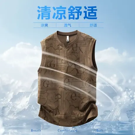 夏季新款冰丝背心男士大码胖子小v领无袖T恤休闲运动时尚满印坎肩图片