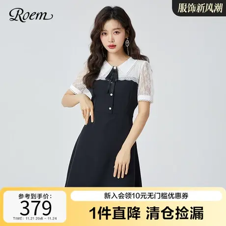 Roem韩版蕾丝拼接连衣裙春秋款时尚新款气质淑女小黑裙RCOWC6407B商品大图