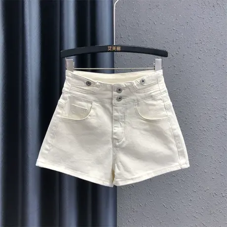 2025夏季新款米白色休闲百搭热裤女高腰显瘦弹力包臀牛仔阔腿短裤图片