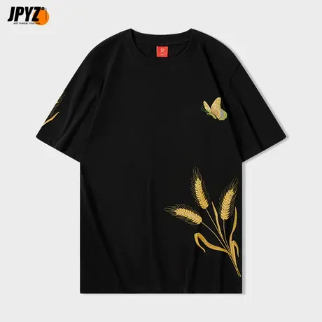 男士圆领短袖t恤丰收黄金麦穗刺绣印花夏季五分袖半袖纯棉体恤衫商品大图