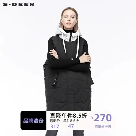 sdeer圣迪奥女2019冬高领连帽圆环插袋开衩拼接时尚背心S19481610✖商品大图