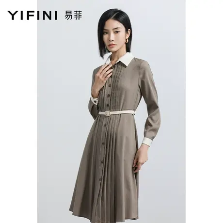 Yifini/易菲衬衫连衣裙女2023早春新款文艺中长款通勤裙套头翻领图片