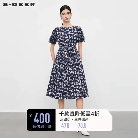 sdeer圣迪奥女装圆领碎花收腰网纱泡泡袖连衣裙S232Z12TR✅商品大图