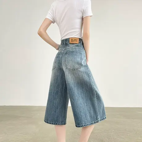蓝色复古牛仔六七分短裤女夏薄款高腰宽松显瘦肌理感直筒阔腿中裤商品大图