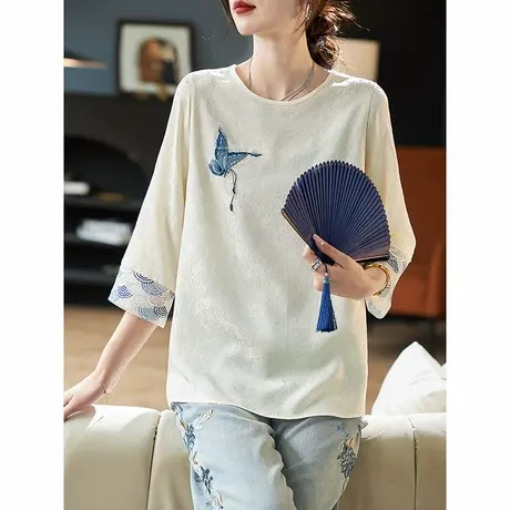 宝诗黎七分袖刺绣提花雪纺衫2025夏季气质新中式拼接百搭休闲女装图片