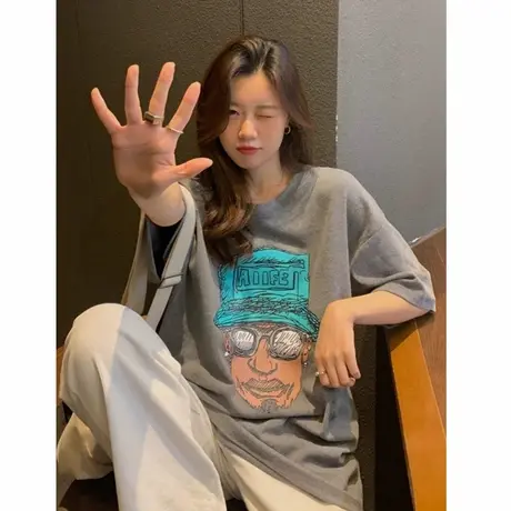高端爆款灰色大版短袖t恤女2025年新款欧韩宽松设计感慵懒风上衣商品大图