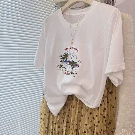 凉爽垂感正肩欧美复古刺绣雪花棉短袖T恤女薄 白色藏青色体恤上衣商品大图