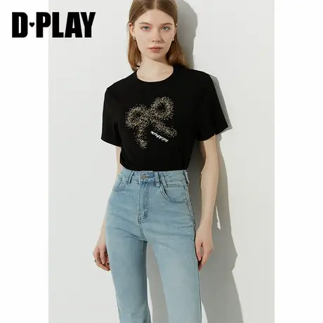 DPLAY2025年夏季新款黑色t恤女时尚气质漂亮独特别致圆领上衣短袖图片
