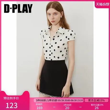DPLAY2025年夏季新款包袖翻领单排扣衬衫女白底黑波点收腰上衣图片