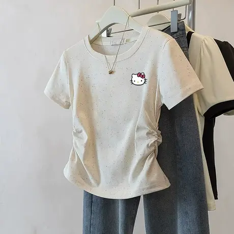 圆领彩虹波点修身短袖t恤女新款夏季正肩短袖褶皱高级感收腰上衣图片