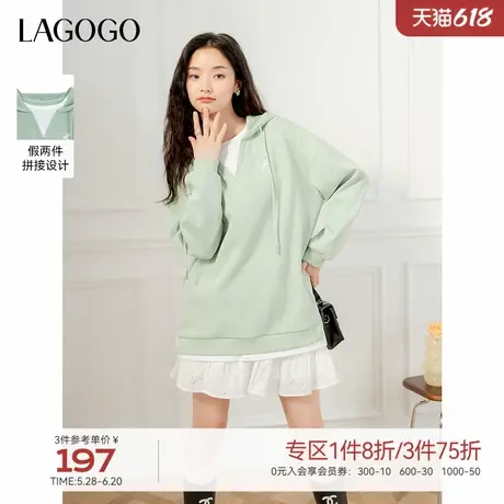 LAGOGO绿色宽松淡人卫衣女拉谷谷2025年春新款假两件拼接休闲上衣商品大图