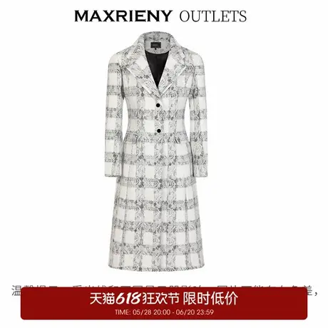 【奥莱】MAXRIENY蕾丝黑白格纹长款大衣收腰复古风衣外套商品大图