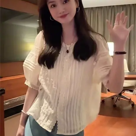 蕾丝花边薄款短袖衬衫女2025夏季新款小个子休闲宽松法式小衫上衣商品大图