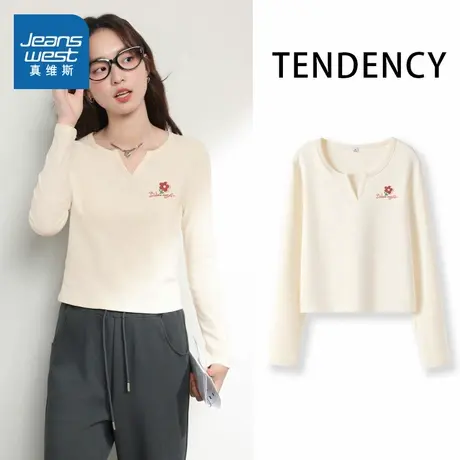 JR真维斯温柔风长袖T恤女春秋季小v领设计显瘦百搭修身洋气上衣女图片