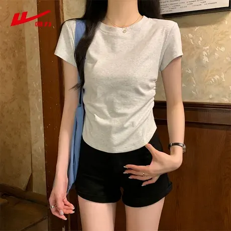 回力正肩短袖t恤女夏季2025新款白色修身半袖小个子抽褶短款上衣图片