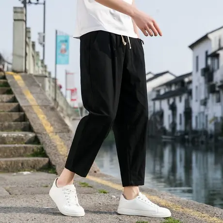2025夏季新款男士休闲裤纯色简约复古直筒八分裤薄款透气九分裤夏商品大图