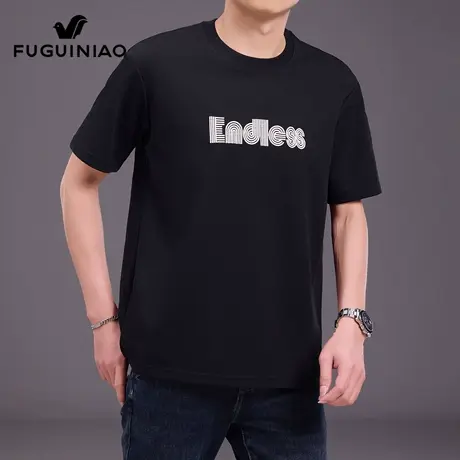 富贵鸟黑色短袖t恤男士夏季2025年新款潮流刺绣上衣休闲体恤男装图片