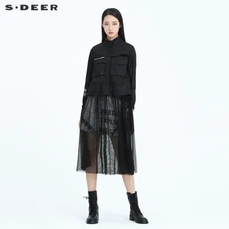 sdeer圣迪奥女装春季少女长款网纱拼接便装黑色夹克外套S20182203图片