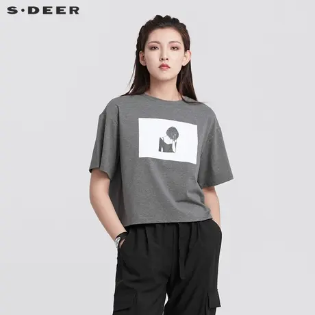 sdeer圣迪奥女22夏装新品时尚圆领撞色印花宽松短袖T恤S22280173图片