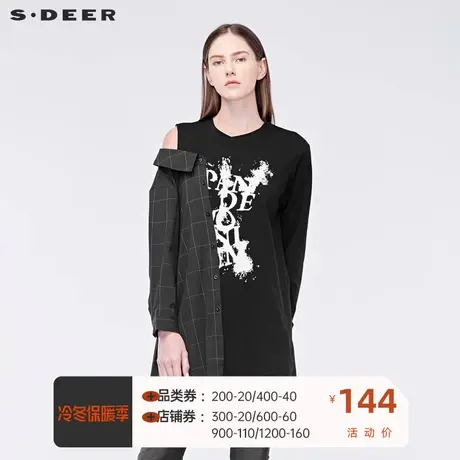 sdeer圣迪奥女装不对称露肩格纹拼接层次下摆长袖T恤S19180220图片