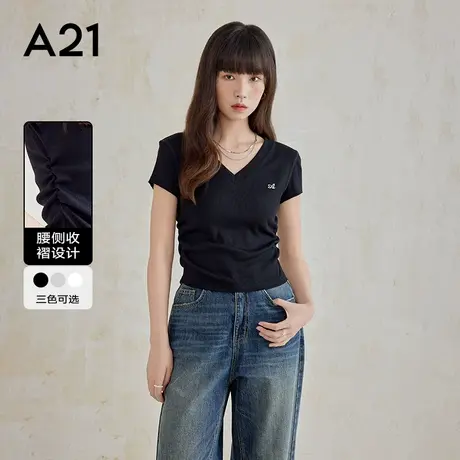 A21女装黑色v领上衣显瘦短袖夏季t恤衫女款简约短款基础打底衫图片