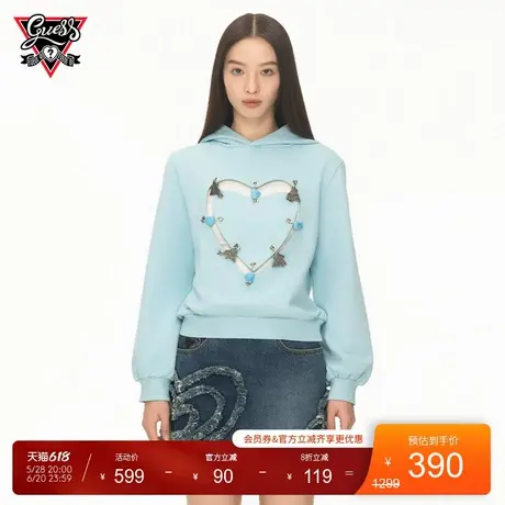 【GUESS x YUEQI QI联名系列】蓝色陶瓷爱心别针简约正肩卫衣商品大图