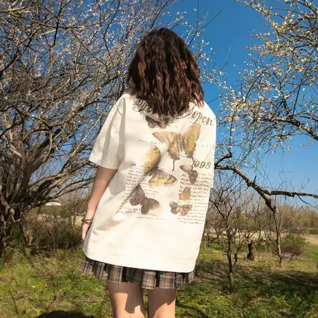 YEP美式复古潮牌重磅短袖t恤女夏季新款蝴蝶印花半袖宽松纯棉上衣图片