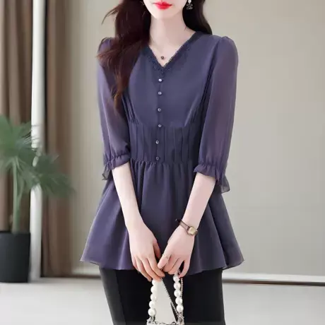 设计感雪纺衫女夏季新款中长款洋气大码遮肚子胖mm显瘦中袖女上衣商品大图