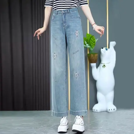 刺绣窄版薄款软牛仔直筒裤女夏季新款时尚百搭九分裤子浅色阔腿裤商品大图