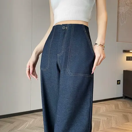 丹宁蓝明线大口袋西装阔腿裤女2025年春季新款高腰垂感窄版休闲裤商品大图