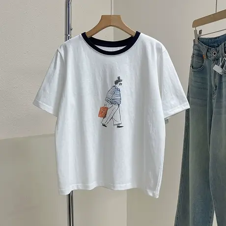 韩代雪花棉卡通女孩图案短袖上衣夏新品宽松显瘦套头休闲t恤衫女图片