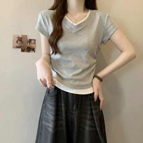 假两件拼接设计感小众短袖T恤女夏装修身韩版短款小个子半袖上衣商品大图