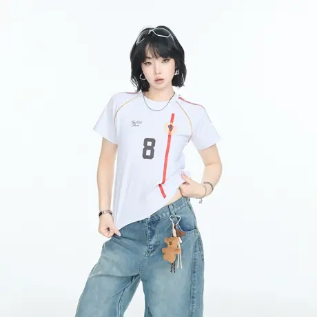 美式复古运动风球衣短袖T恤女2025夏季新款休闲显瘦情侣半袖上衣图片