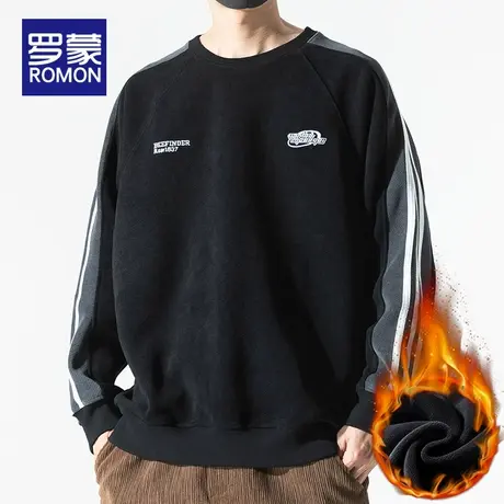 罗蒙秋冬季加绒卫衣男士2025新款圆领宽松长袖T恤保暖休闲上衣服图片