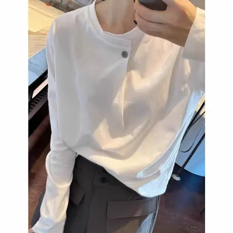 韩版一粒扣设计感圆领白色长袖T恤女春季纯色内搭打底可外穿上衣商品大图