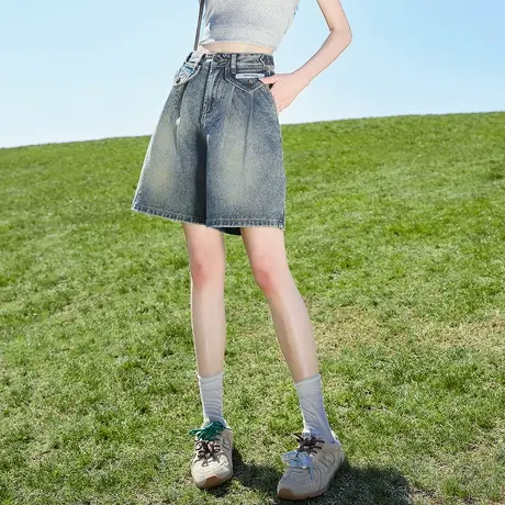 唐狮夏季新款牛仔短裤女褶简百搭复古水洗高腰显瘦时尚梨型中裤商品大图