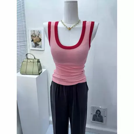 努推~自留 ins洋气拼色U领吊带小背心女宽肩带紧身性感打底上衣夏图片