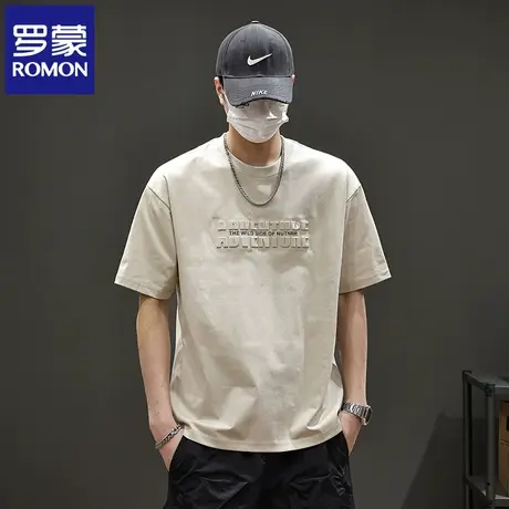 罗蒙美式休闲冰丝男士半袖t恤潮流夏季新款提花短袖圆领体恤衫N1Z图片