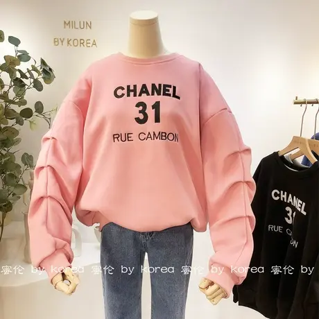 加绒厚圆领卫衣2020秋冬新版小众设计感字母宽松显瘦上衣外套大码图片