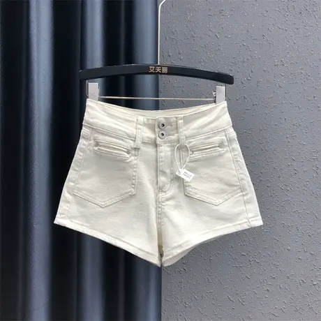 米白色韩版百搭休闲牛仔短裤女25夏季新款高腰显瘦弹力阔腿裤热裤商品大图